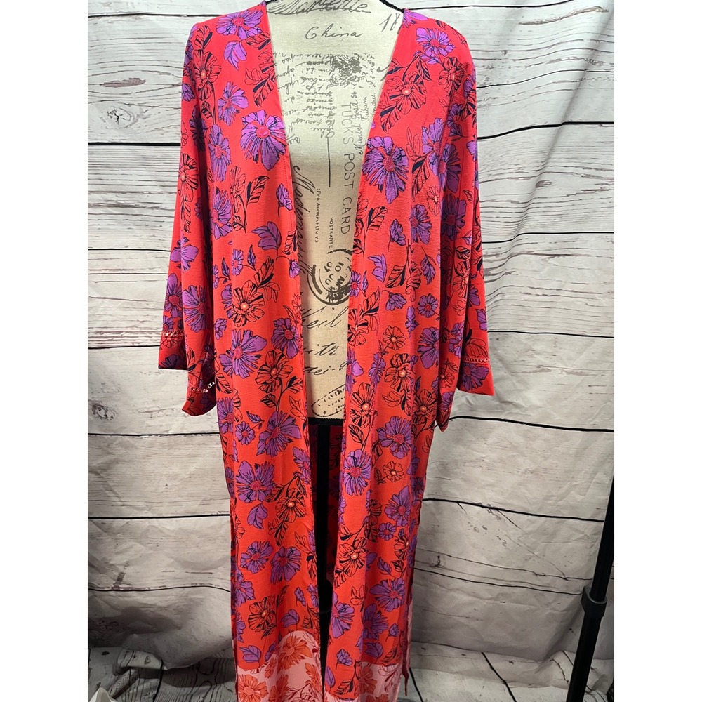 Jessica Simpson Wom. Floral Duster Kimono Red Purple Boho Maxi Coverup L/XL NEw